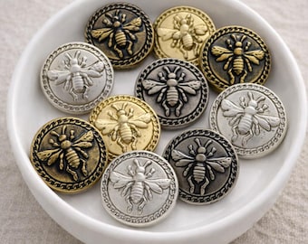 Vintage Bee Buttons, Metal Shank Sewing Buttons - Gold or Silver, 10pcs