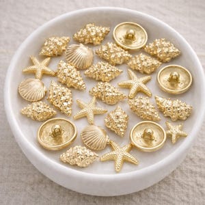 Złote guziki marynistyczne, rozgwiazda, muszla, muszla (10 szt.)