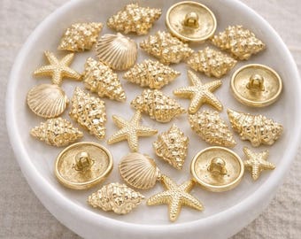 Gold Nautical Buttons, Starfish, Shell, Conch (10 pcs)
