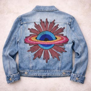Può includere: Giacca di jeans azzurra con un colorato design di paillettes sul retro. Il design presenta un pianeta blu e rosso con un anello arcobaleno e raggi bordeaux. La giacca ha un classico design con bottoni e tasche.