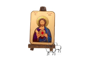 Sacred Heart of Jesus Icon, Mini Icon, Catholic, Byzantine, Orthodox, Religious Fine Art