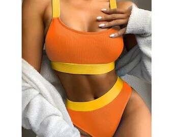 Bademode Crop Top Bikini Set Zweiteilige Badeanzug mit Hoher Taille Strandkleidung Bikinihose