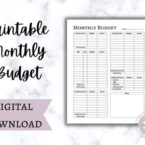 May include: Printable monthly budget worksheet with sections for income, bills, variable expenses, and a budget summary. The worksheet is black and white and has a simple design.
