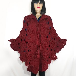 Burgundy Cape Coat with Open Sides. Plus Size Clothing. Crochet Warm Poncho Cardigan. Handmade Poncho Capelet. READY TO SHIP