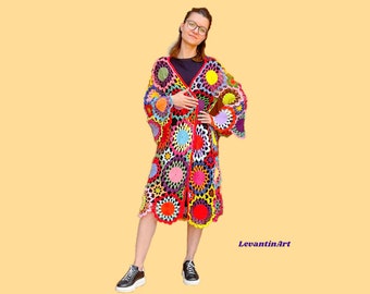 Handgemachter Regenbogen Häkel-Cardigan – Boho Sommer Kimono, Bunt Patchwork, Festival Kleidung, Einzelstück XS-M