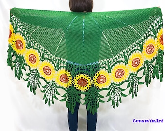 Sunflower Crochet Shawl Handmade – Large Green Floral Wrap, Statement Boho Shawl, Semi Circle Shawl, Artistic Gift for Women