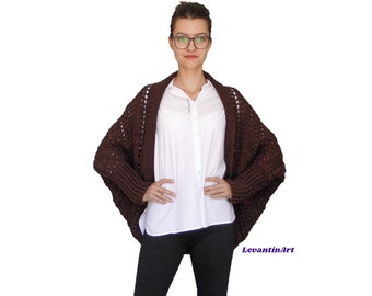 Damen Braune Strickjacke. Kleidung in Übergröße. Kokon Strickjacke Mantel. Offener vorderer Shrug, Bolero. Handmade Umstandsmode. SOFORT LIEFERBAR