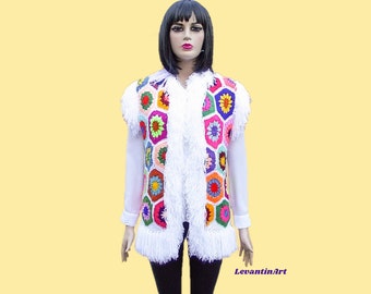 70s Patchwork Crochet Vest: Handmade Boho Afghan Cardigan with Fringe