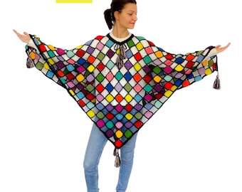 Multicolor Patchwork Poncho. Plus Size Clothing S-XXL. Crochet Summer Poncho. Colorful Geometric Poncho. Boho Mosaic Shawl. Ready to ship