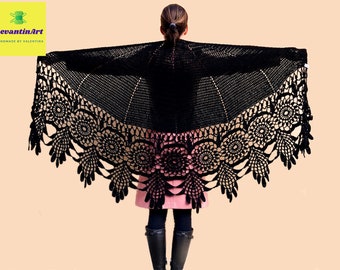 Black Crochet Shawl, Large Semi Circle Wrap, Elegant Lace Shoulder Scarf, Handmade Boho Evening Cover Up