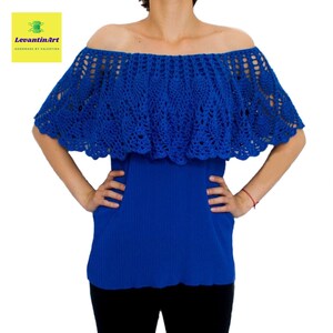 Ruffle Off Shoulder Blue Blouse. Bardot Ruffle Pleated Top. Off the Shoulder Top. Elegant Blouse with Crochet Ruffle. READY TO SHIP