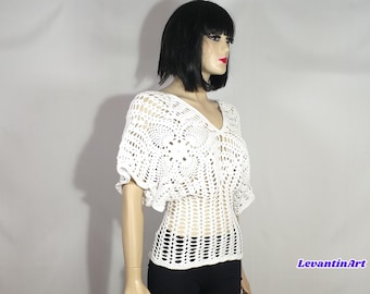 Blusa blanca de ganchillo, top cuadrado de algodón estilo abuela, camisa de verano con encaje, top de playa bohemio hecho a mano, hecho a medida