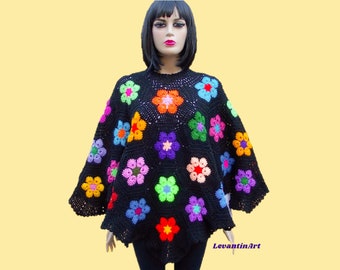 Crochet Floral Poncho Universal Size. Maternity Clothing. Plus Size Women Clothing. Black Poncho with Multicolor Flowers. READY TO SHIP