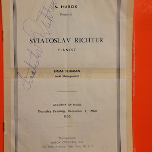 May include: A black and white concert program for a performance by pianist Sviatoslav Richter, presented by S. Hurok. The concert will take place at the Academy of Music on Thursday, December 1, 1960 at 8:30 PM. The program also includes the name of the local management, Emma Feldman.