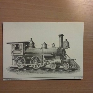 Zeldzame, vintage postkaart van een American Express locomotief gravering van Harper's Monthly in 1879.