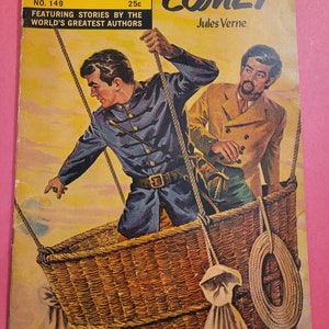 May include: A vintage comic book cover featuring a colourful illustration of two men in a wicker basket suspended by ropes. The title of the comic is "Off on a Comet" by Jules Verne. The comic is from the Classics Illustrated series and is numbered 149.