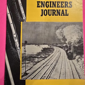 May include: A vintage cover of the Locomotive Engineers Journal, featuring a black and white image of a train on tracks in a snowy landscape. The cover is yellow with the title in bold black letters and the date February, 1955.