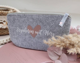 Felt bag educator with heart | personalizable on the zipper with name | cosmetic bag