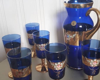 Vintage Murano carafe set, 6 persons cobalt blue with 18k gold paint in original box