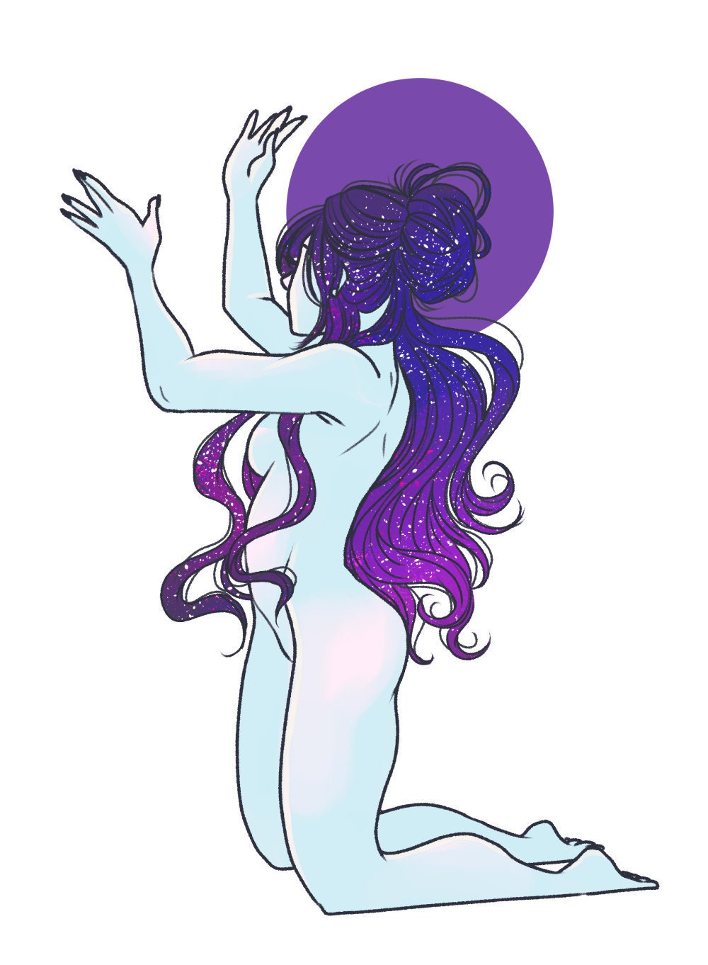 Moon Prayer - Art Print Home Decor Witchy Blue Purple Woman Drawing Illustration Housewarming Gift C