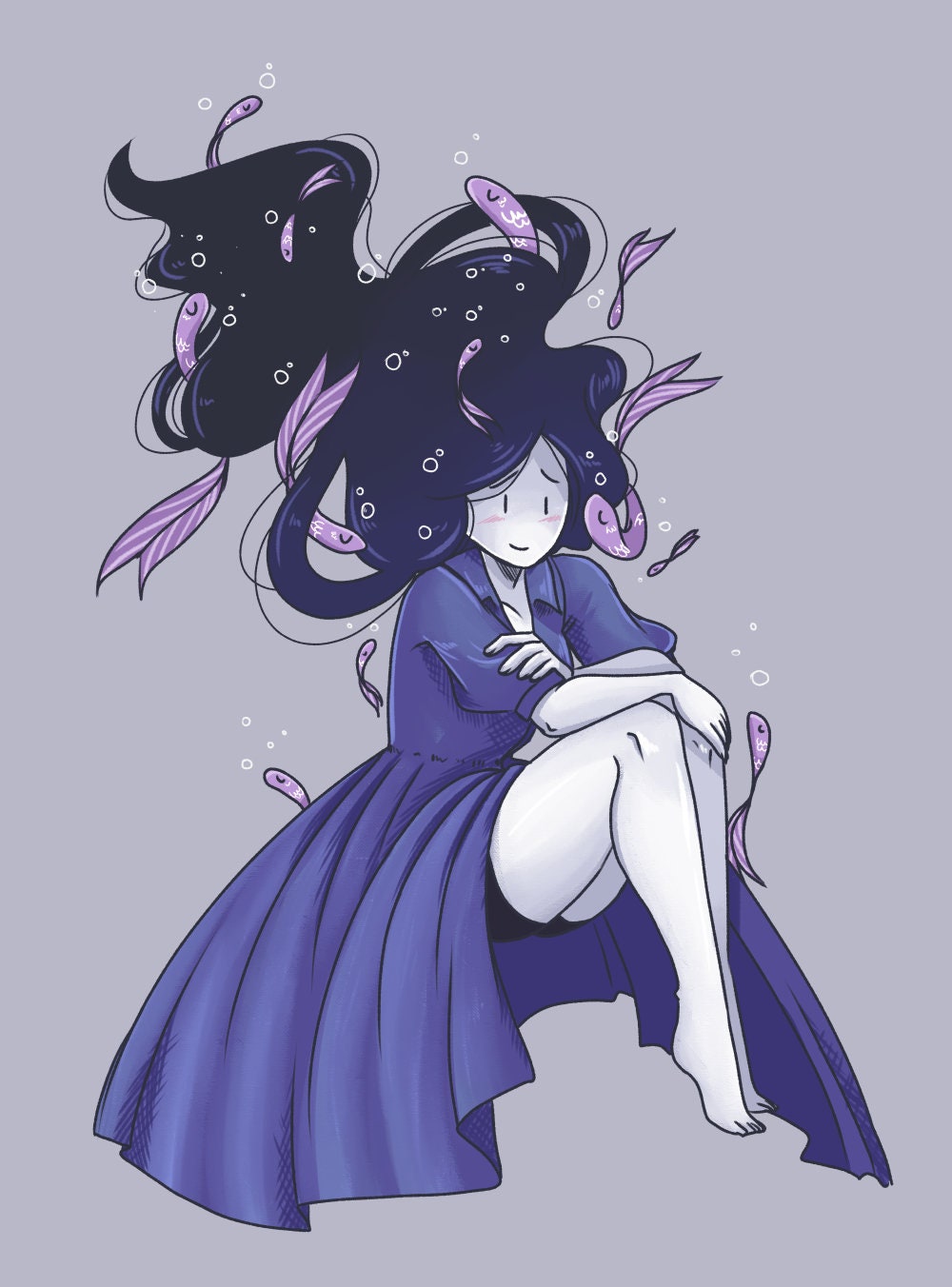 Pas Seul - Art Print Home Decor Witchy Blue Woman Fish Fishes Illustration Drawing Housewarming Gift