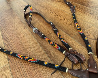 Hand Beaded Western One Ear Headstall / Breastcollar Tack Set - "Cobalt Sunburst" - Black/Turquoise/Red - Fritts Tack & Show Pads - Brown Le