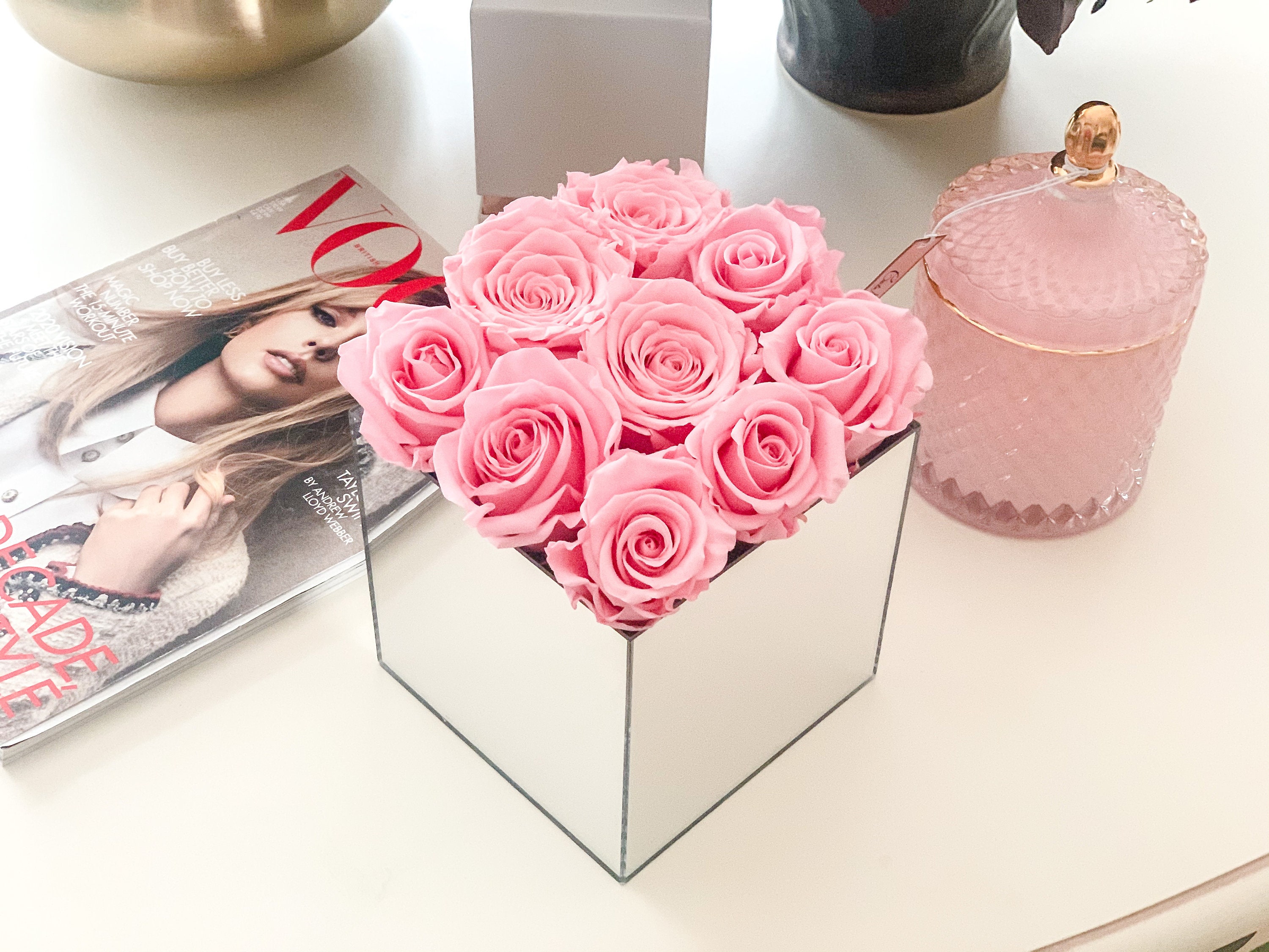 Luxury Preserved Roses in Mirror Vase Sleeping Forever Roses Bouquet in Mirror Cube Vase Etsy