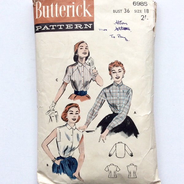 Original 1950s Butterick ladies 3 blouse sewing patterns bust 36”