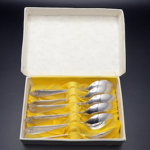 Versilberte Kaffeelöffel Boxed 6 Stück Set Vintage polierte Patina entfernt