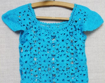 Lace crochet knitted openwork blue turquoise summer shirt top