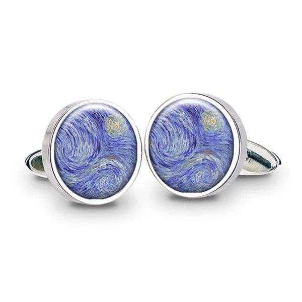 Hand-crafted Van Gogh Cuff Links 'Starry Night'.  Luxury rhodium plated, with high-res image in domed resin.