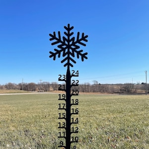 May include: A black metal snowflake silhouette with a numbered scale from 8 to 24. The snowflake is mounted on a pole and is standing in a grassy field.
