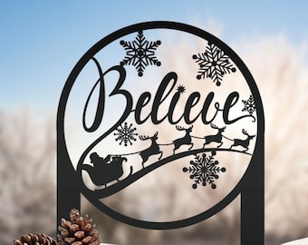 Metal Believe Yard Stake Sign, Outdoor Christmas Decor, Santa With Reindeer