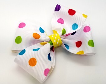 Multi-Colored Dotted Double Tuxedo Hair Bow with Yellow Ribbon Wrapped Center