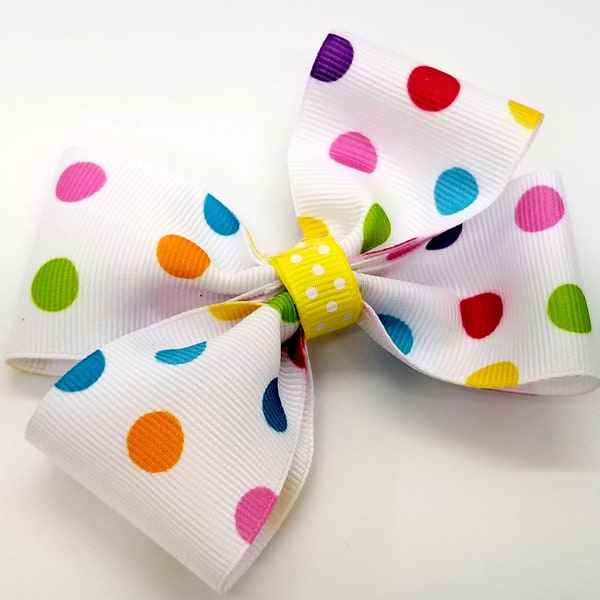 Multi-Colored Dotted Double Tuxedo Hair Bow with Yellow Ribbon Wrapped Center