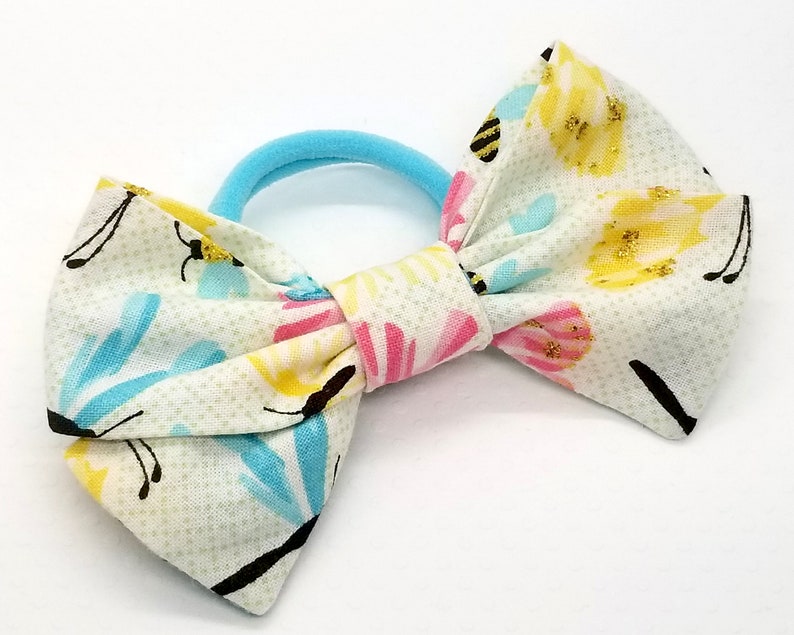 Blue and Yellow Floral School Girl Fabric Hair Bow