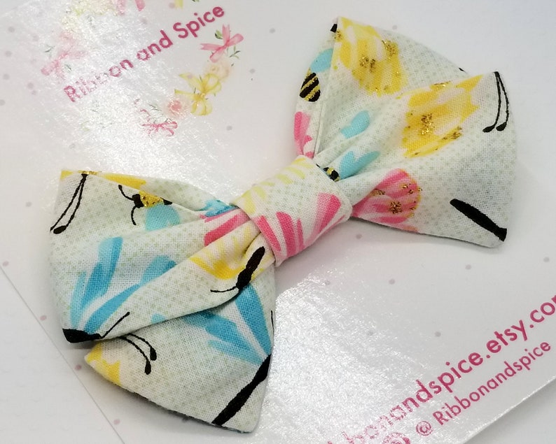 Blue and Yellow Floral School Girl Fabric Hair Bow