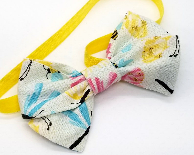 Blue and Yellow Floral School Girl Fabric Hair Bow