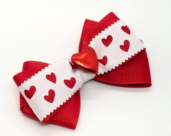 Red and White Heart Hair Bow with Heart Embellishment