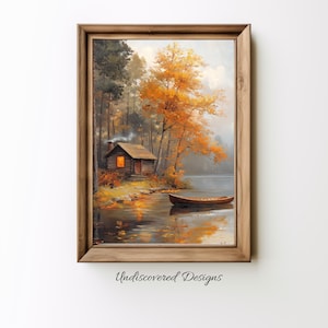 Kleine hut aan het meer Kunstafdruk Afdrukbare muurkunst Vintage kunstafdrukken Digitale kunstafdrukken Digitale afdrukken Vintageafdrukken Olieverfschilderij