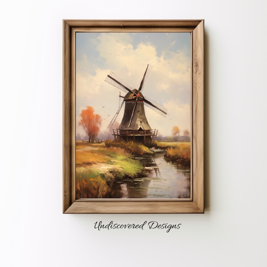 Fall Windmill Landscape Painting: Autumn Kitchen & Home Decor (digital ...