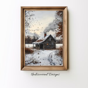 Winter Farmhouse Print: Old Wooden House in Snow (Digital Download)
