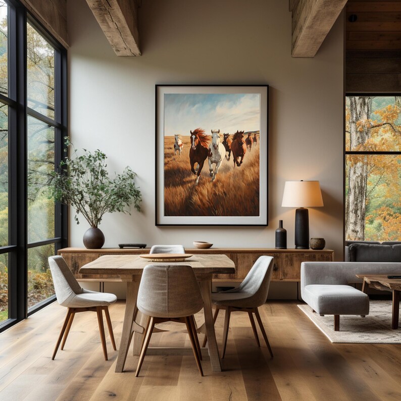 Art Printout Vintage Horses Running Digital Wall Art, Printable Oil