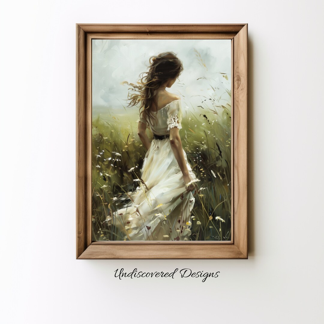 Woman in White Dress Vintage Art Print: Meadow Oil Painting (digital ...