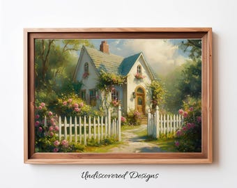Wydruk artystyczny w stylu vintage „Roose Garden Cottage”: wiosenny wystrój w stylu wiejskim (do pobrania w wersji cyfrowej)