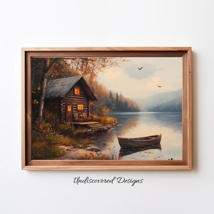 Rustieke hut aan het meer Kunstafdruk Afdrukbare muurkunst Vintage kunstafdrukken Digitale kunstafdrukken Digitale afdrukken Vintageafdrukken Olieverfschilderij