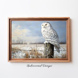 Printable Wall Art - Snowy Owl Wintery Field Vintage Art Print, Farmhouse Decor, Winter Wall Art for Cozy Home Decor