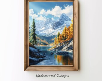 山と湖のアートプリント：ノスタルジックな風景画（デジタル