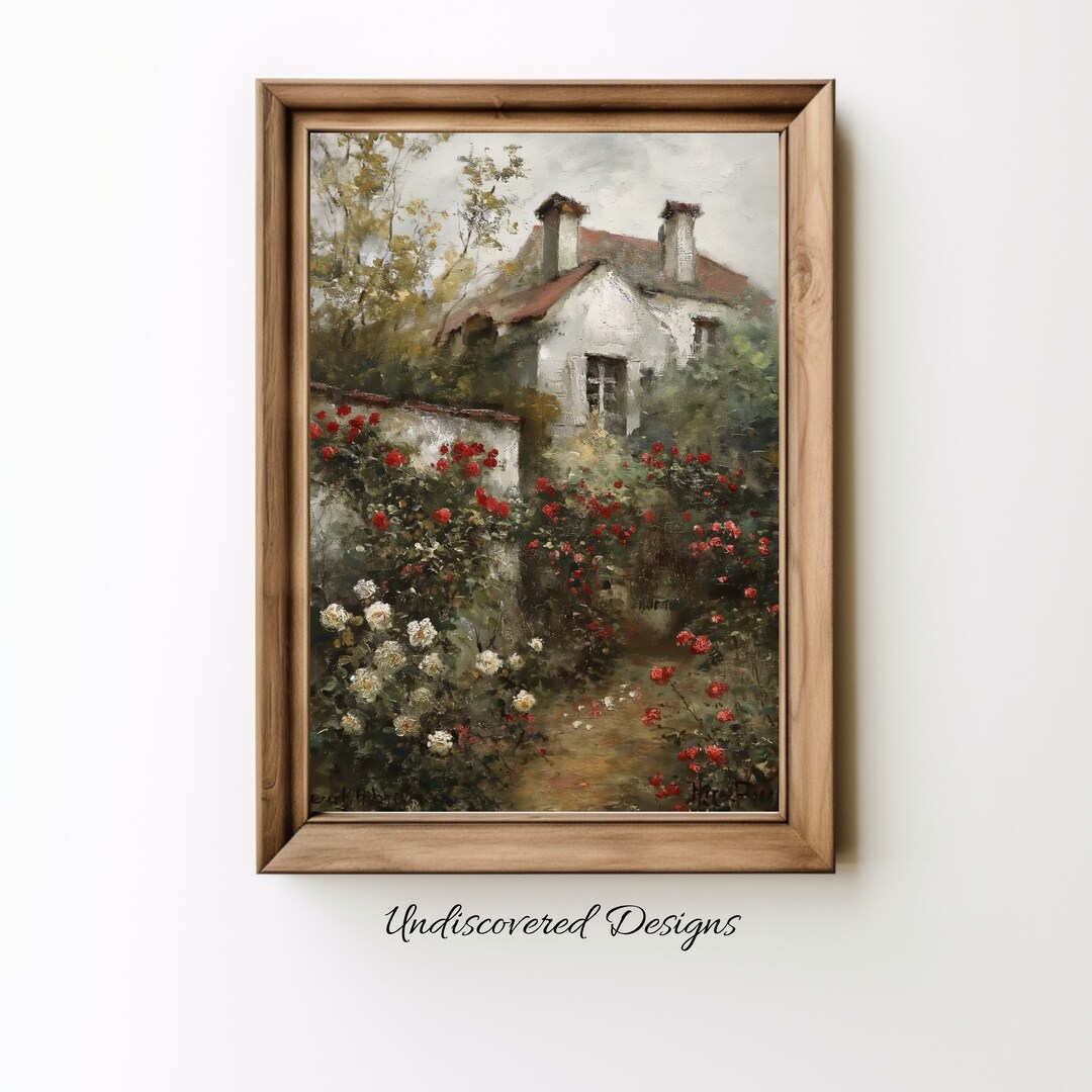 English Rose Garden Vintage Painting: Cottage Art Print (digital ...