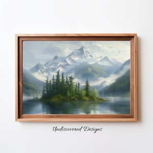 Mountain Lake Island Art Print: Vintage Oil Painting (Digital Download)